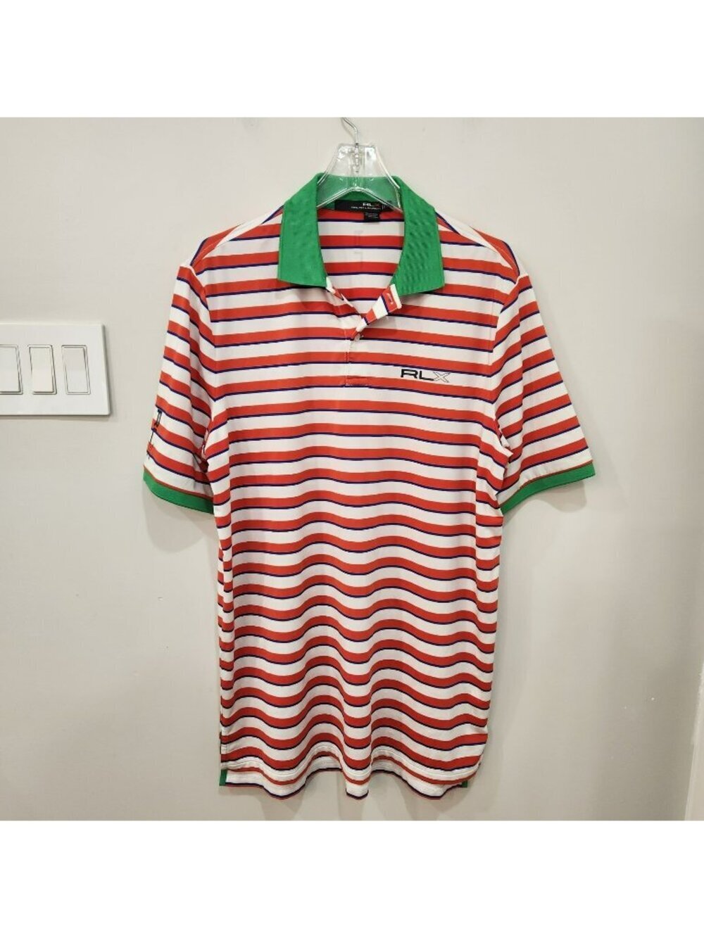 RLX Ralph Lauren Performance Polo Shirt Mens L Orange White Striped Candy Cane